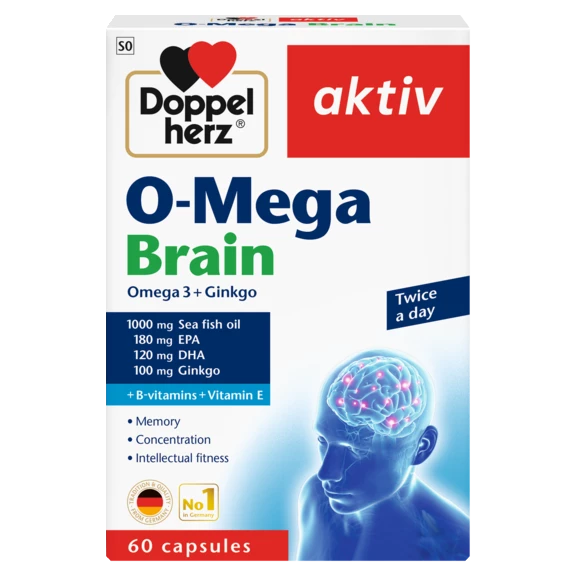 Illustration of the product packaging Doppelherz aktiv O-Mega Brain front view